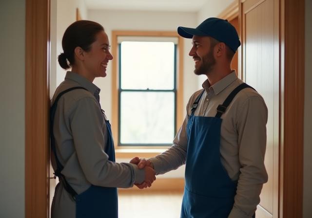 Handyman shaking hands with homeowner